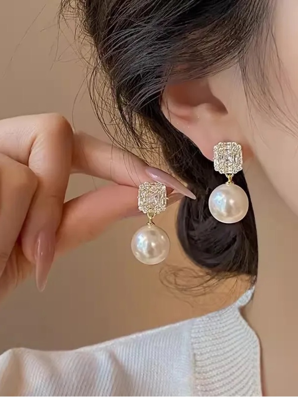 Gold White Pearl Drop Earrings.